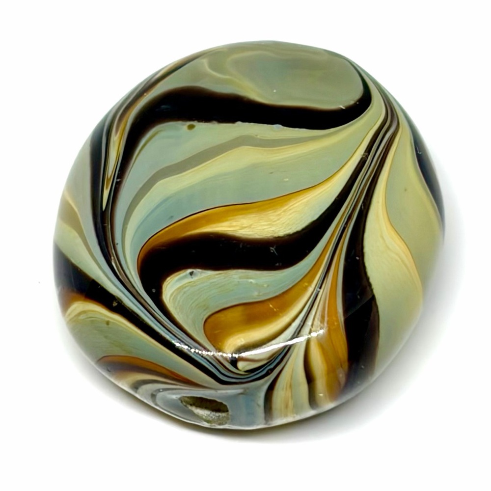 Vintage Hand Made Lamplight Boho Zebra Olive Swirl Art Glass Bead Pendant .75”